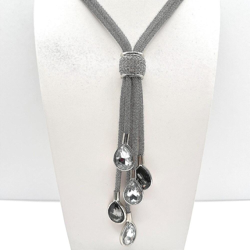 Vintage 90s Y2K Silver Tone Mesh Lariat Tassel Necklace Teardrop Glass Jewelry